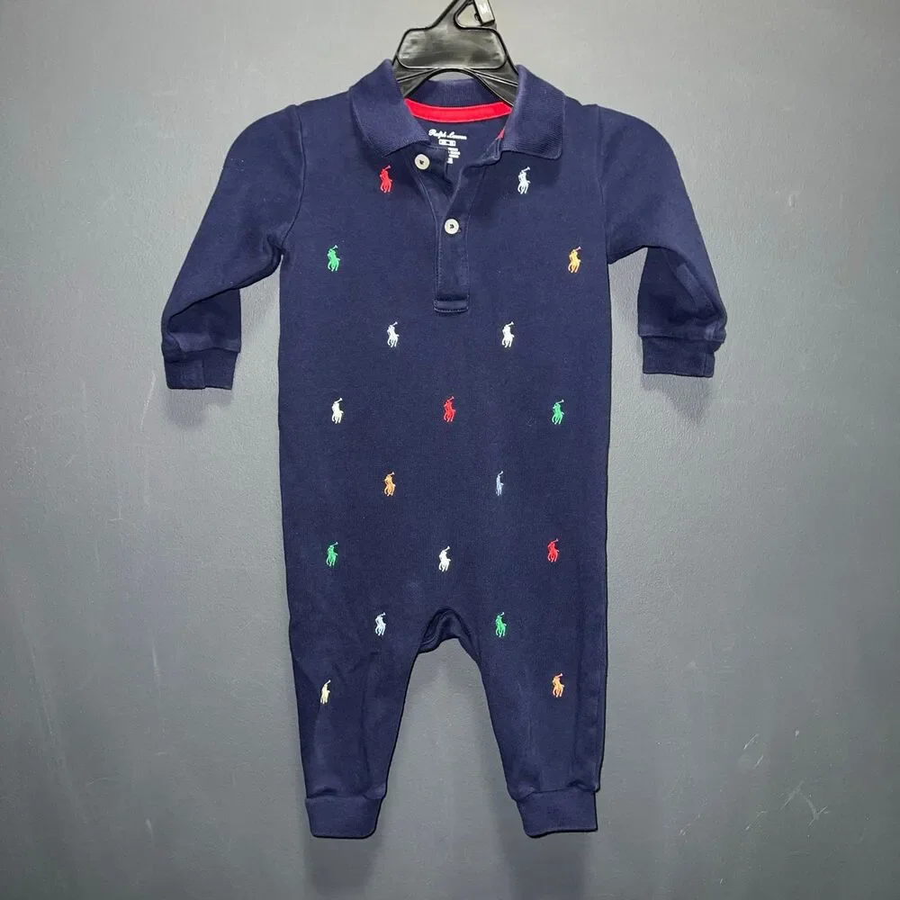 Ralph Lauren Baby Infant 9m Romper Blue Logo Collared Footless Snap Crotch